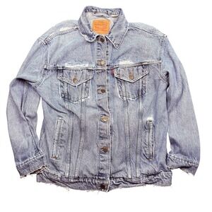 Levi's Trucker Jacket Mens Small Light Wash Blue Denim Button Front Distressed